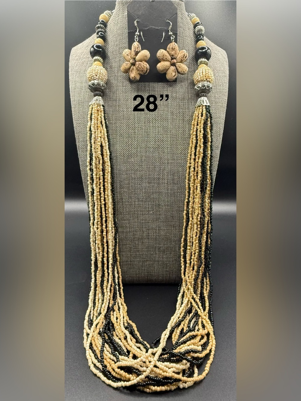 Handmade Multi-Strand Seed Bead Necklace – Cream & Black